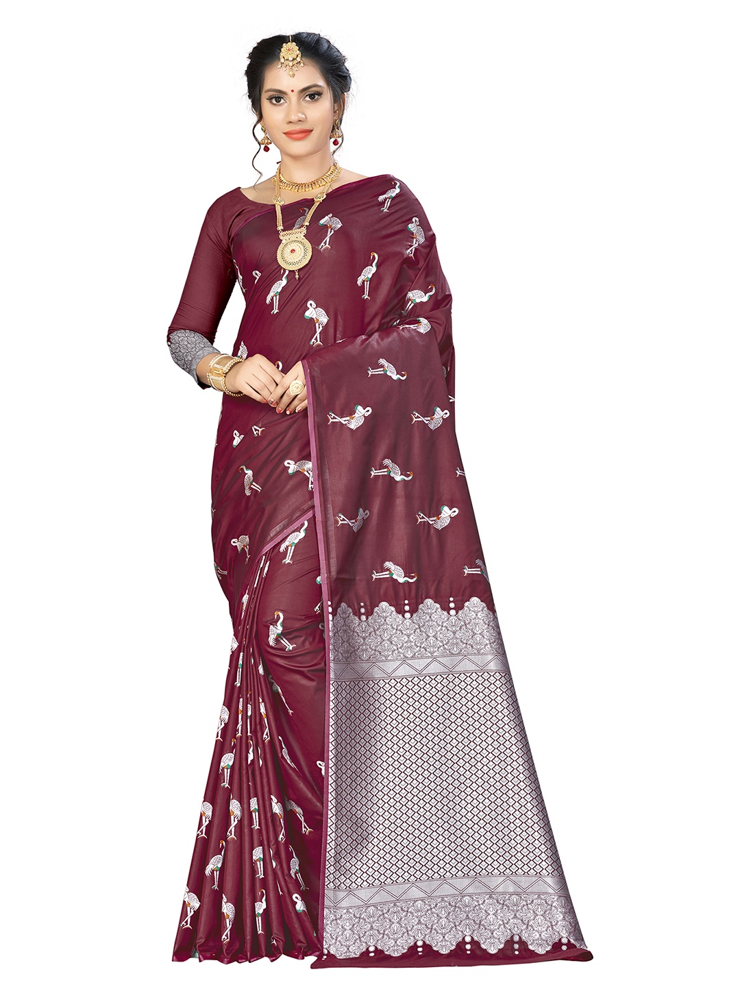 

MANVAA Ethnic Motifs Woven Design Zari Banarasi Saree, Maroon