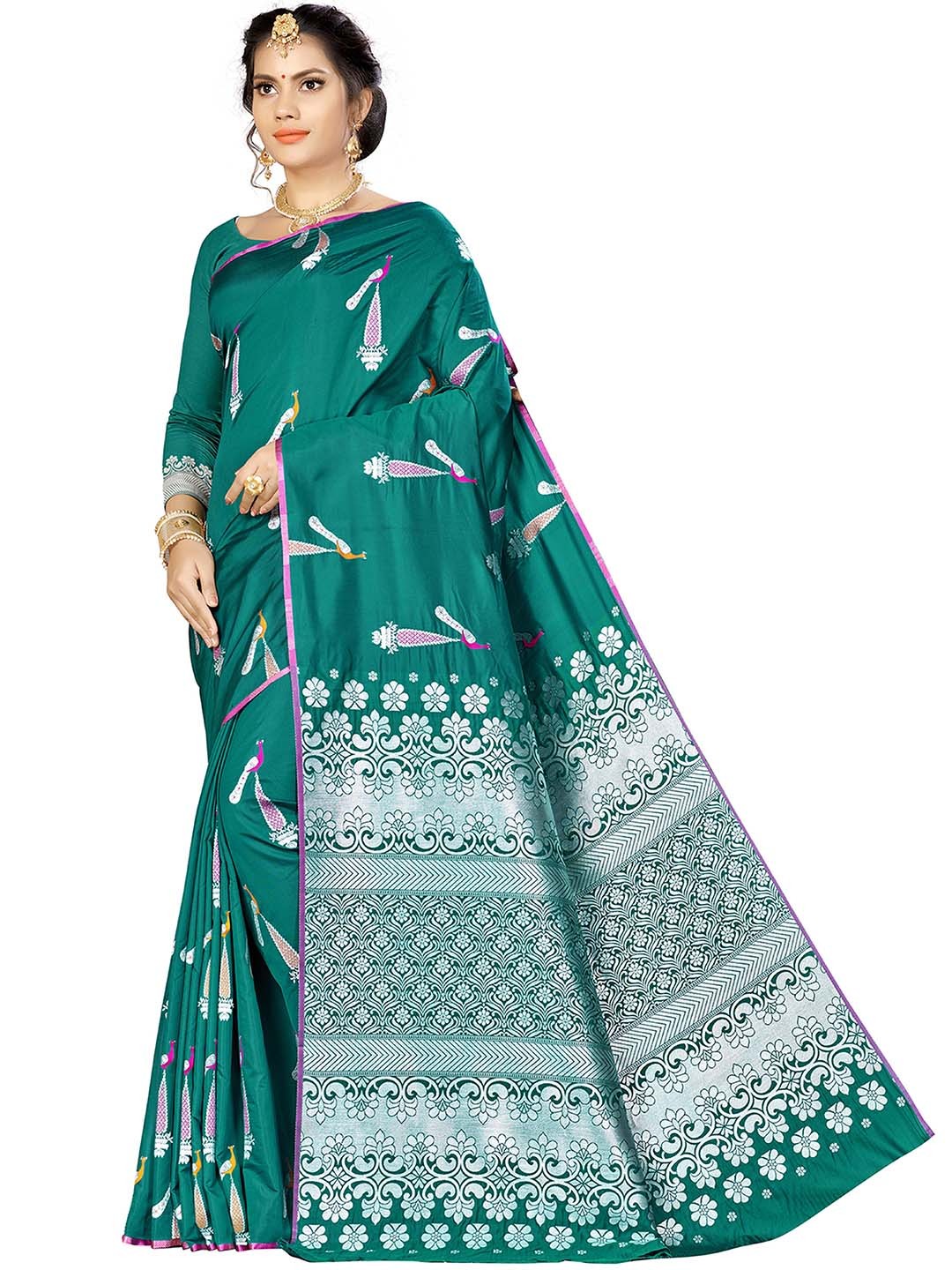 

MANVAA Ethnic Motifs Woven Design Zari Banarasi Saree, Green
