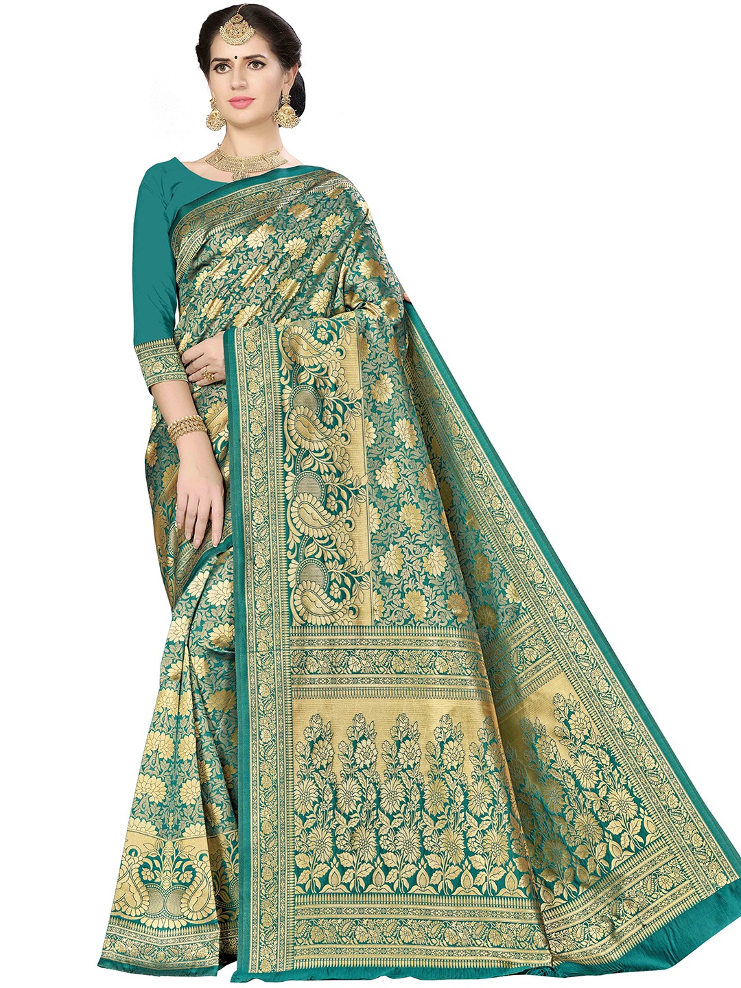 

MANVAA Floral Woven Design Zari Banarasi Saree, Green