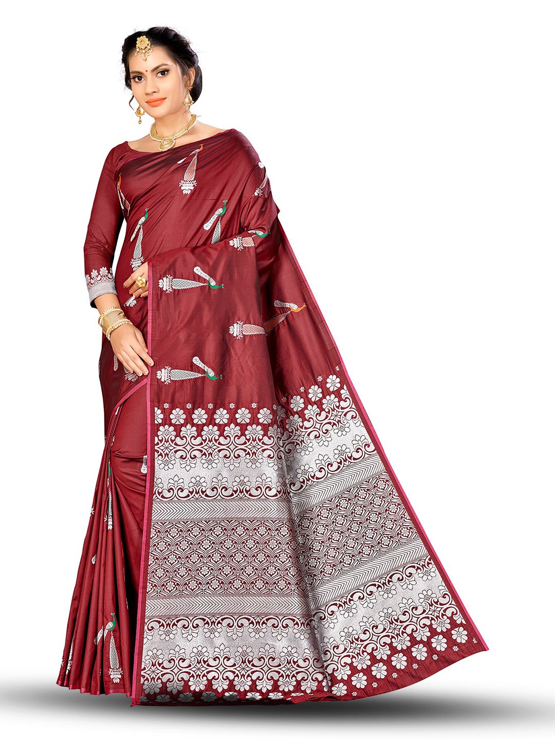 

MANVAA Ethnic Woven Design Zari Banarasi Saree, Maroon
