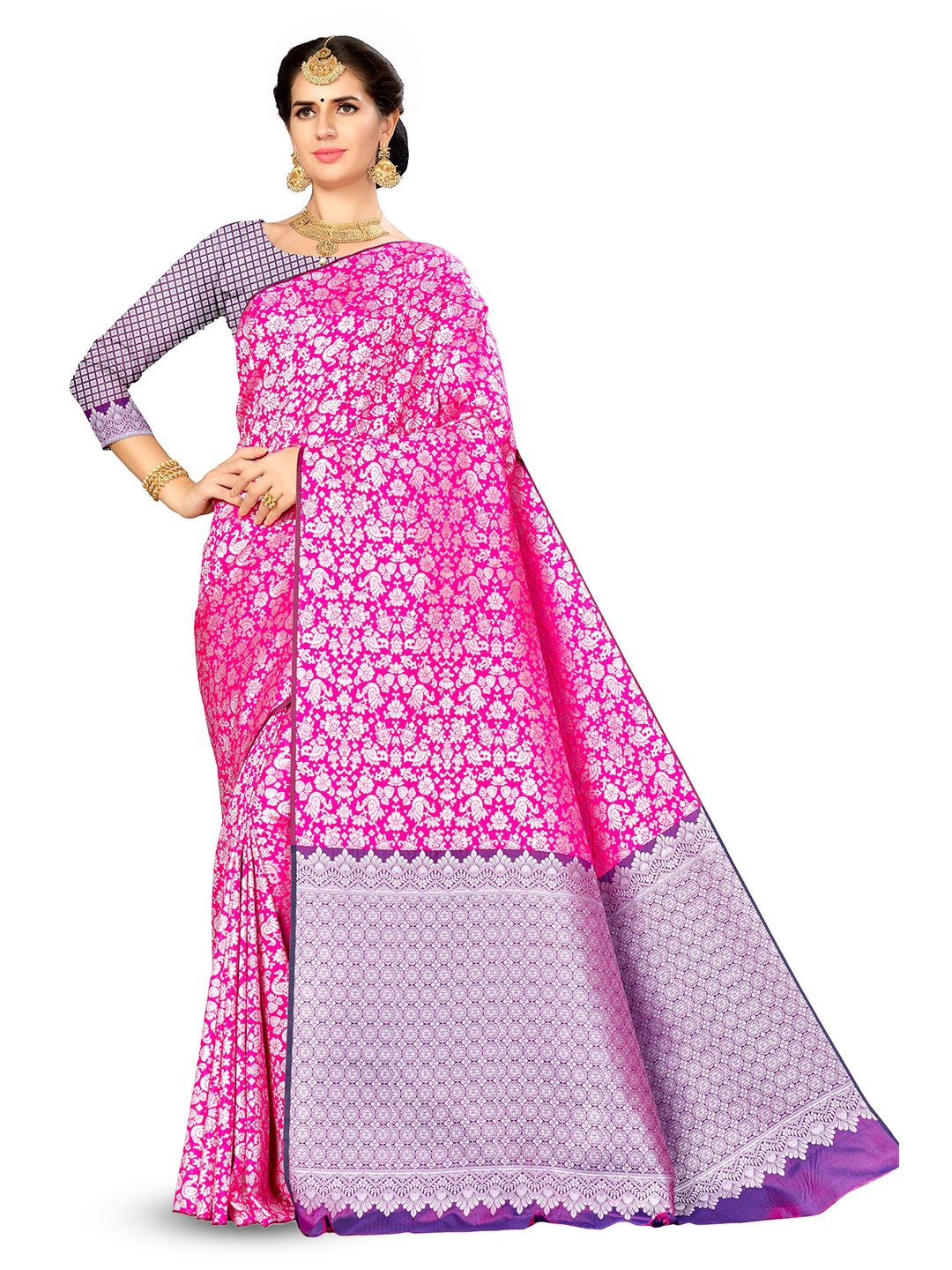 

MANVAA Abstract Woven Design Zari Banarasi Saree, Pink