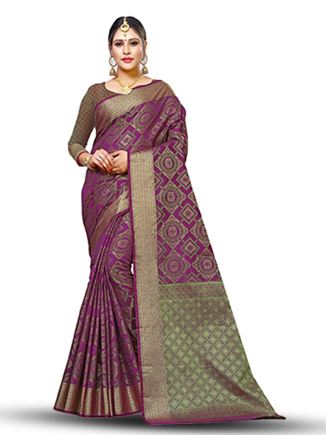 

MANVAA Geometric Woven Design Zari Banarasi Saree, Purple