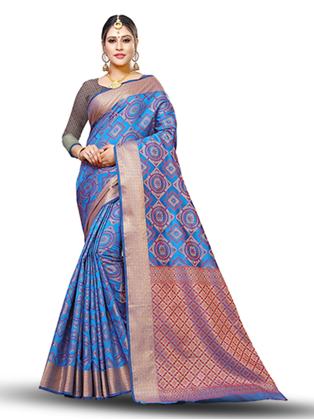 

MANVAA Geometric Woven Design Zari Banarasi Saree, Blue