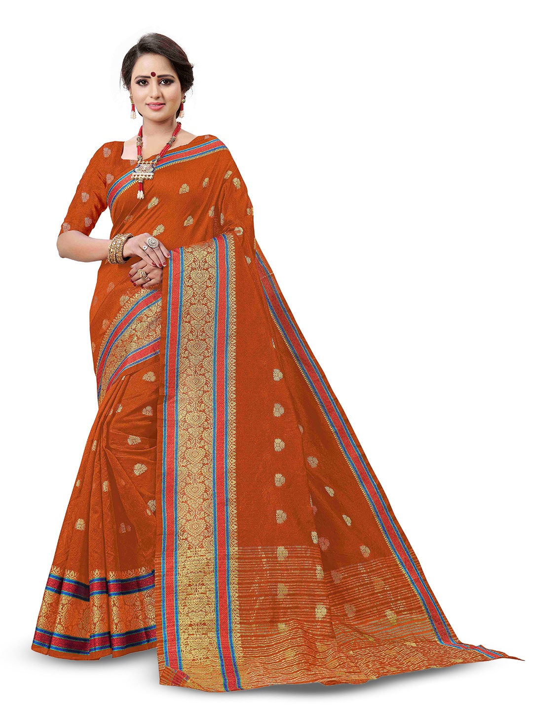 

MANVAA Ethnic Motifs Woven Design Zari Banarasi Saree, Orange