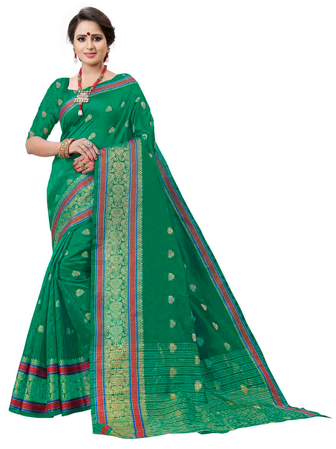 

MANVAA Ethnic Motifs Woven Design Zari Banarasi Saree, Green