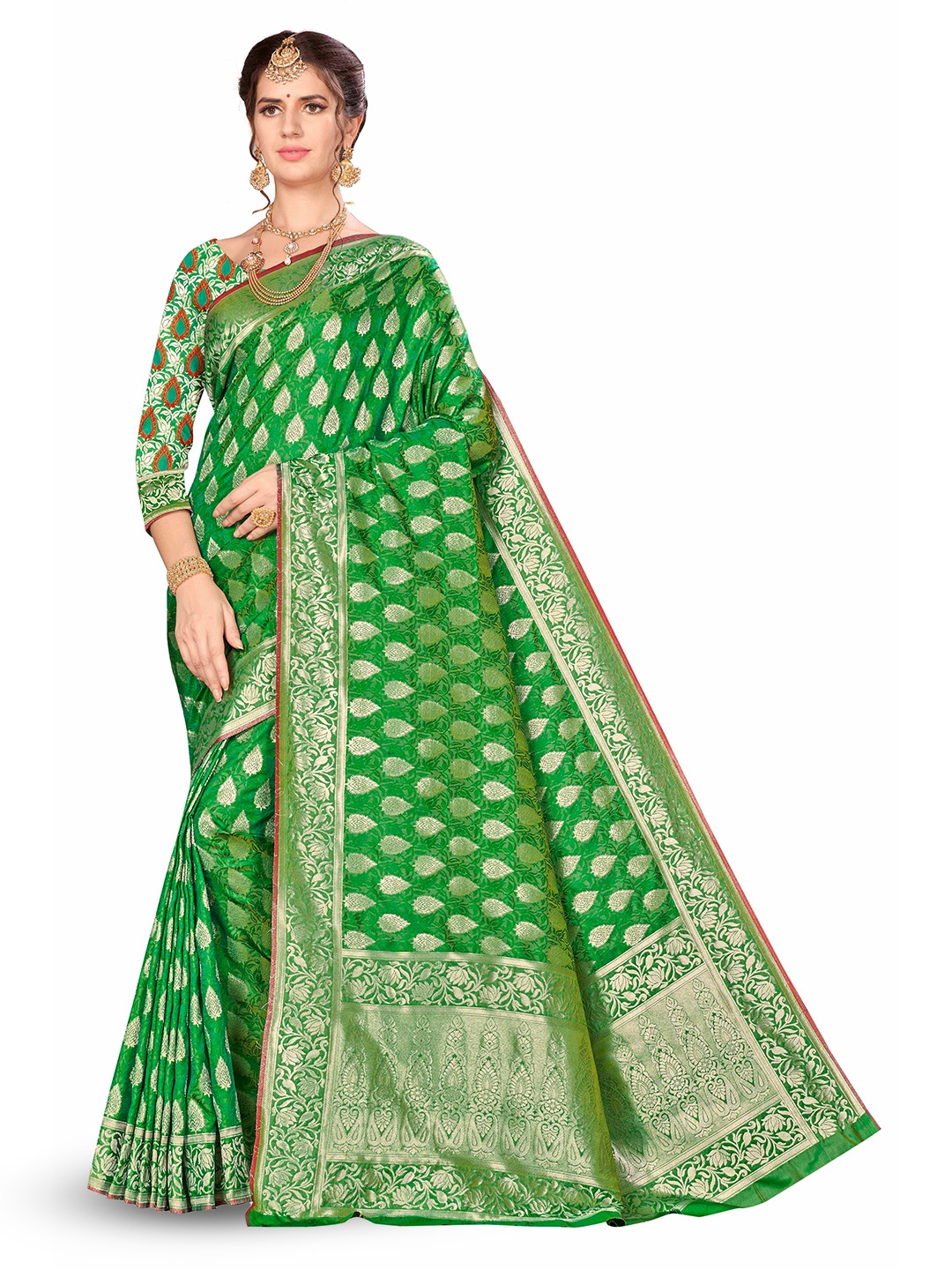 

MANVAA Floral Woven Design Zari Banarasi Saree, Green