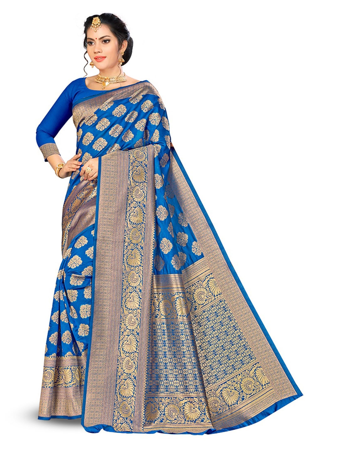 

MANVAA Floral Woven Design Zari Banarasi Saree, Blue