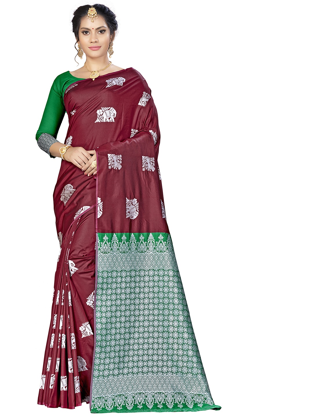 

MANVAA Ethnic Motifs Woven Design Zari Banarasi Saree, Maroon