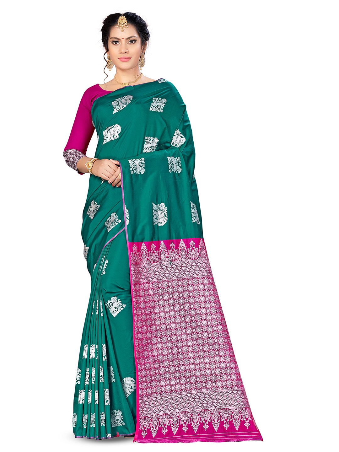 

MANVAA Floral Woven Design Zari Silk Banarasi Saree, Green