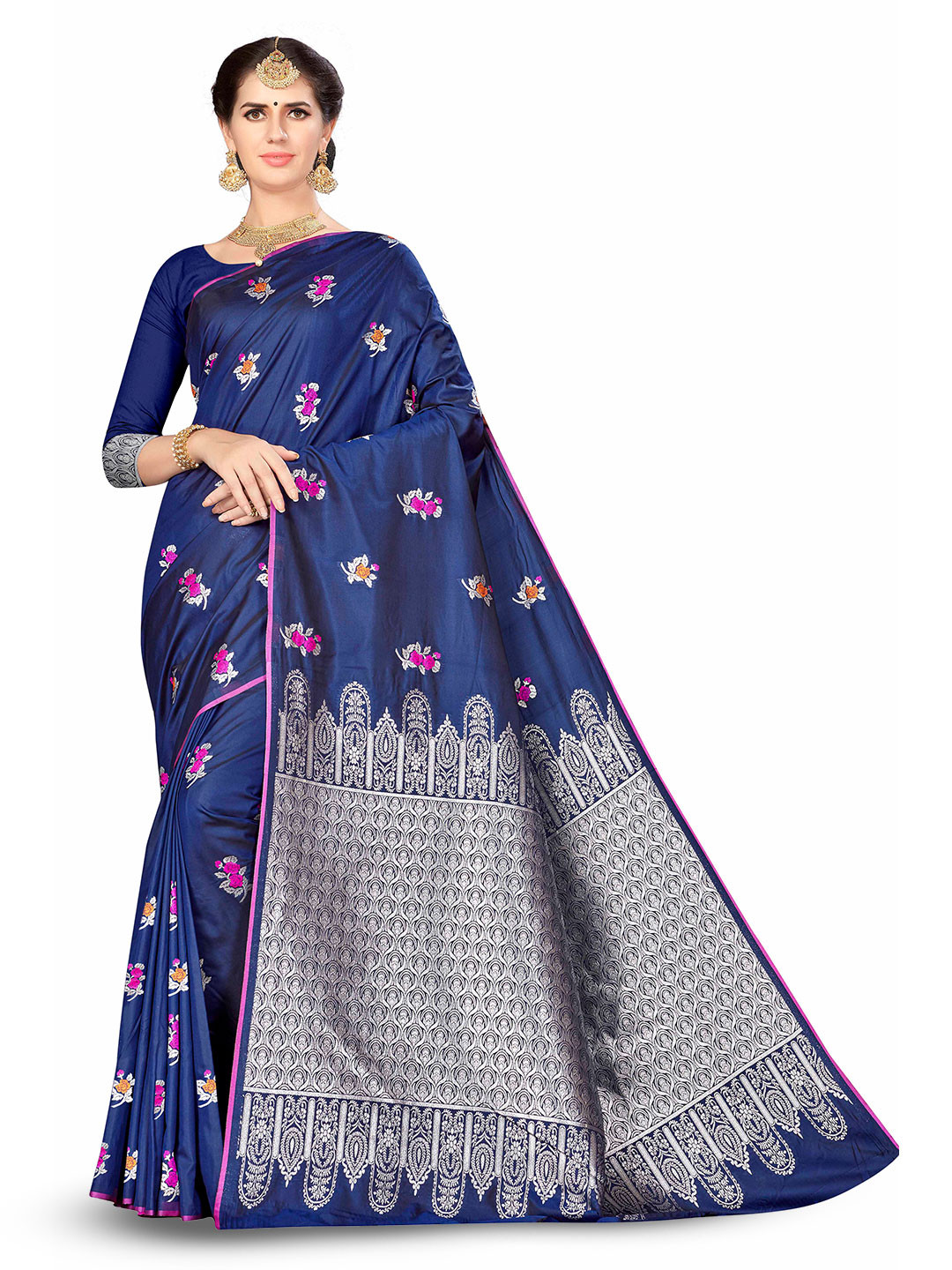 

MANVAA Floral Woven Design Zari Banarasi Saree, Navy blue