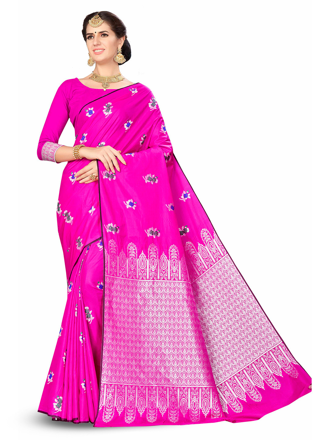 

MANVAA Floral oven Design Zari Silk Banarasi Saree, Pink
