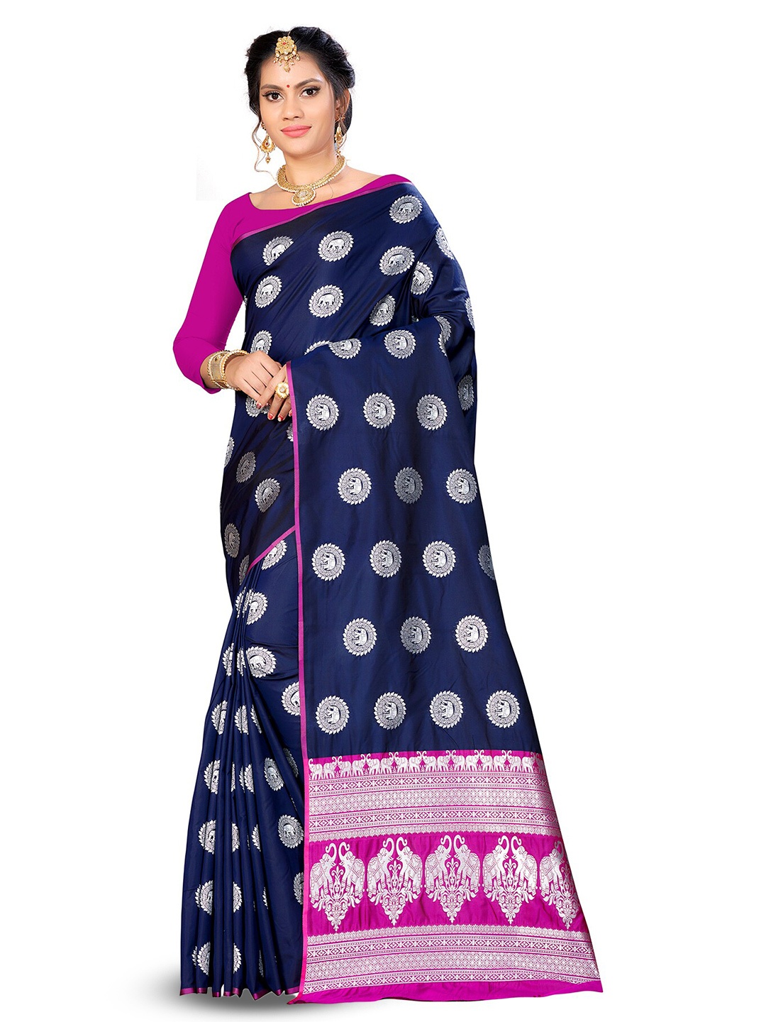 

MANVAA Ethnic Motifs Woven Design Zari Banarasi Saree, Navy blue
