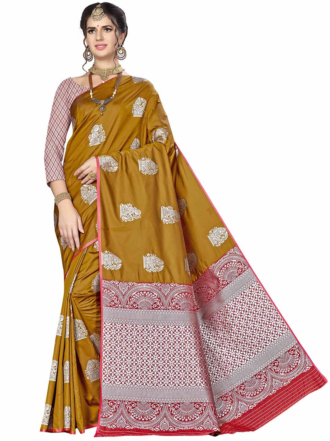 

MANVAA Ethnic Motifs Woven Design Zari Banarasi Saree, Beige