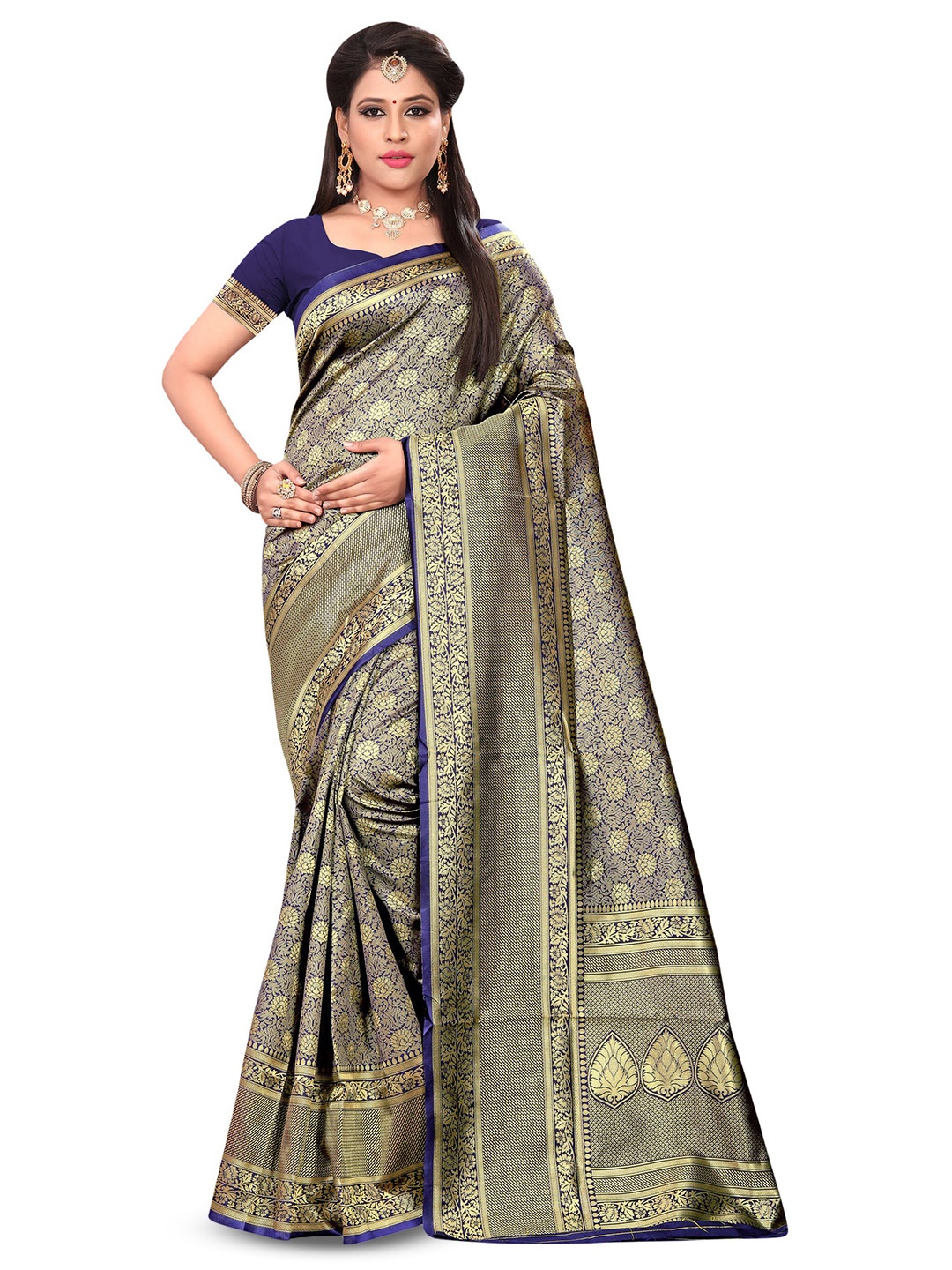 

MANVAA Floral Woven Design Zari Banarasi Saree, Navy blue