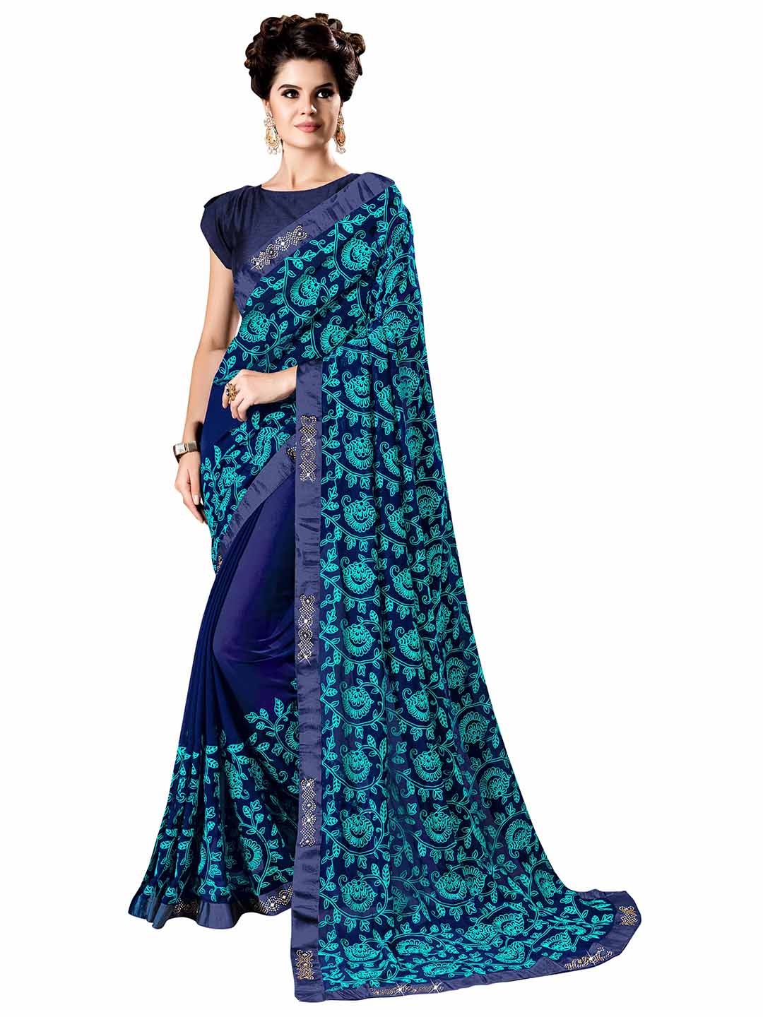 

MANVAA Floral Embroidered Embellished Banarasi Saree, Navy blue