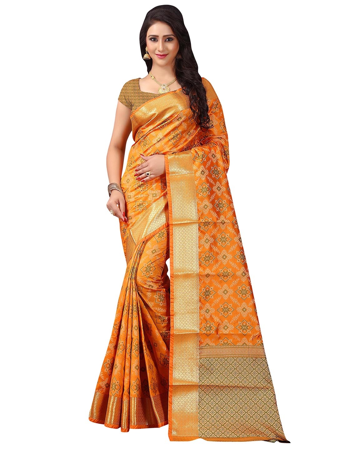 

MANVAA Geometric Woven Design Zari Silk Kanjeevaram Saree, Orange