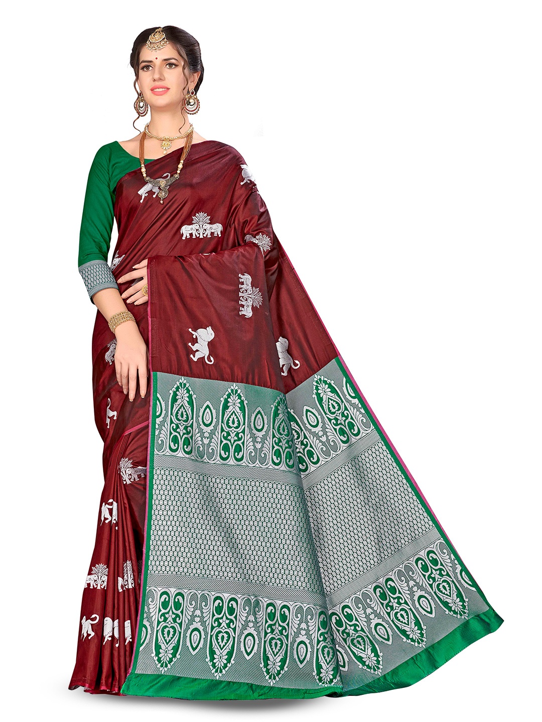 

MANVAA Ethnic Motifs Woven Design Zari Banarasi Saree, Maroon