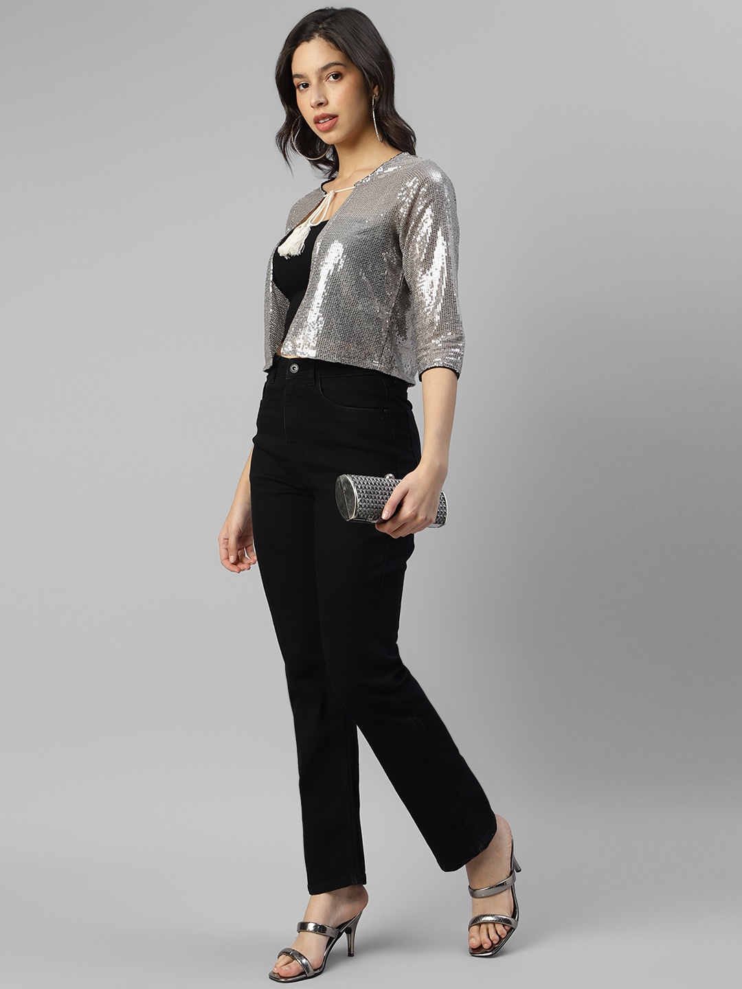 

DEEBACO Embellished Crop Tie-Up Shrug, Silver