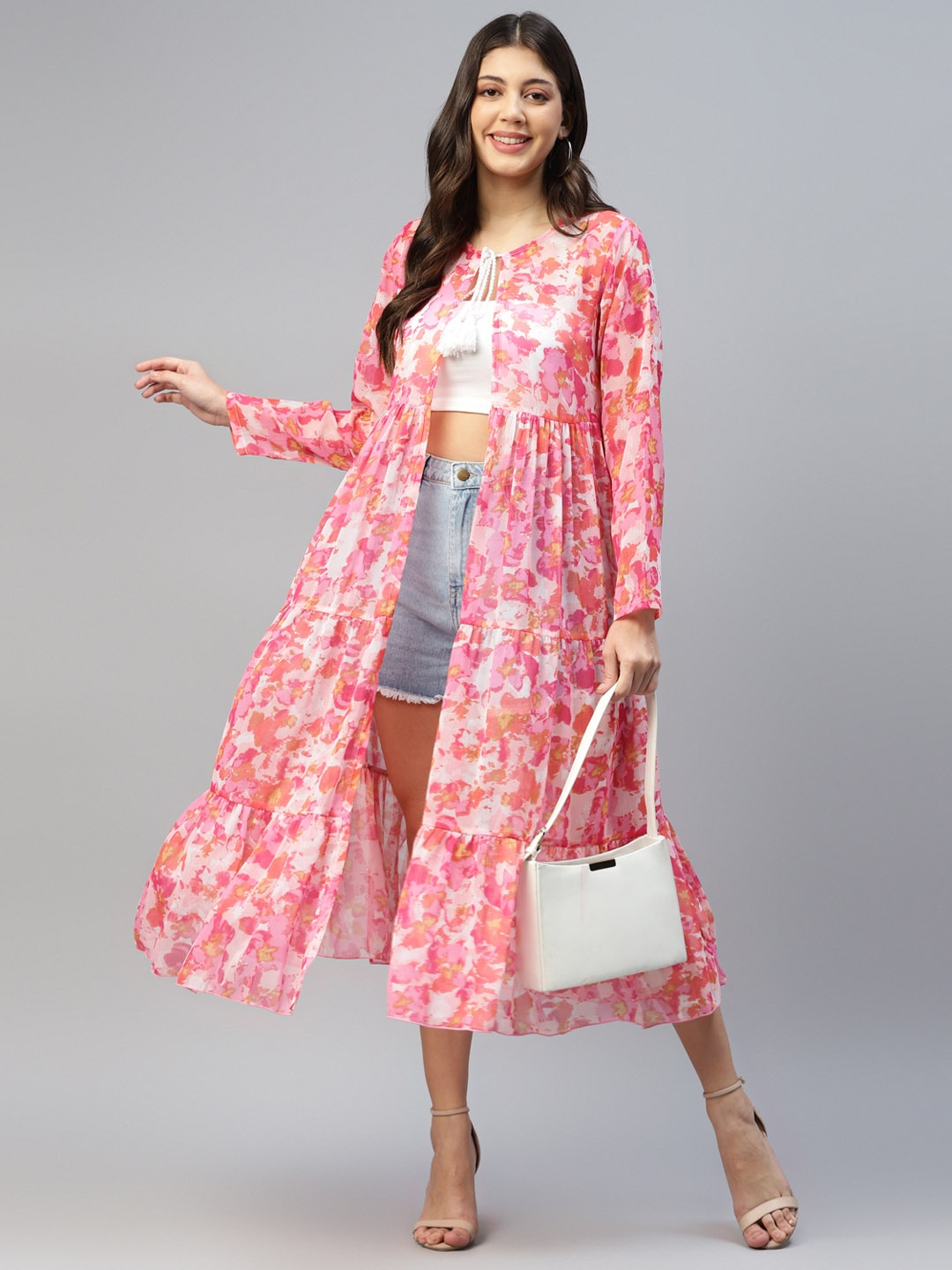 

DEEBACO Printed Longline Tie-Up Shrug, Pink
