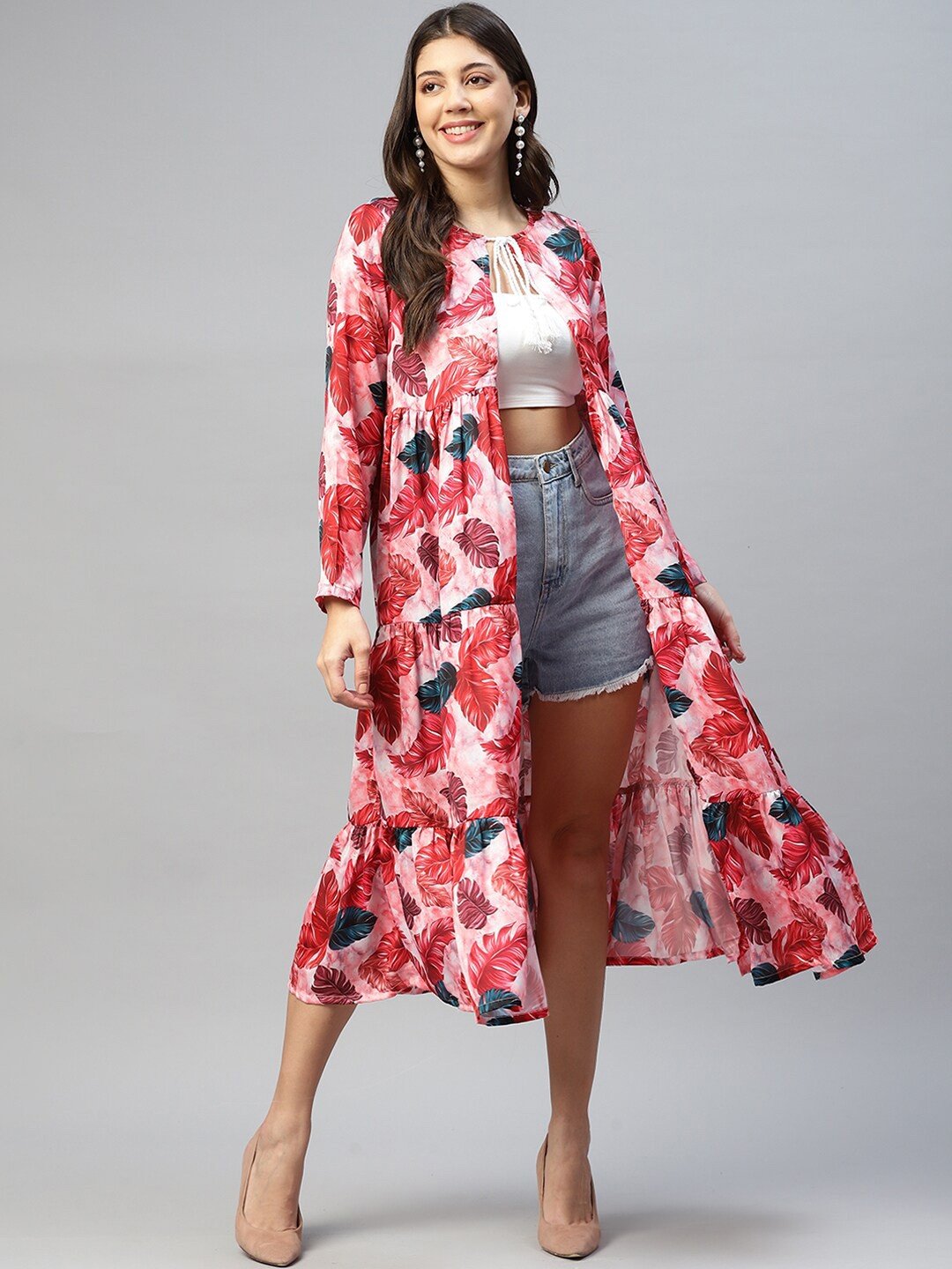 

DEEBACO Floral Printed Longline Shrug, Red
