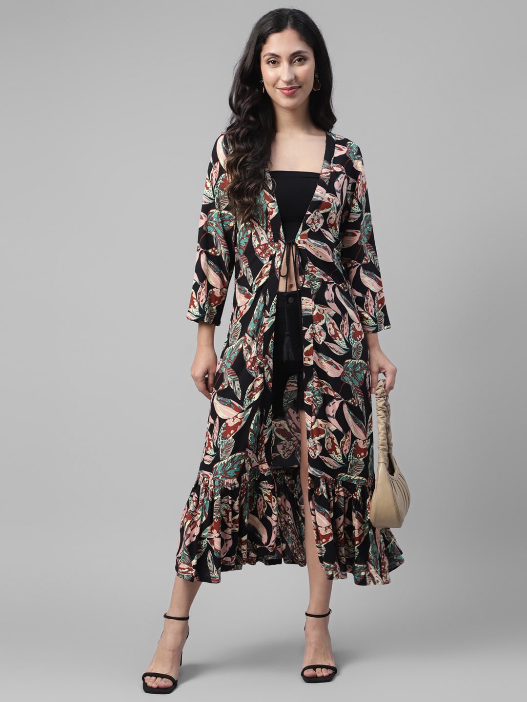 

DEEBACO Tropical Printed Longline Tie-Up Shrug, Black