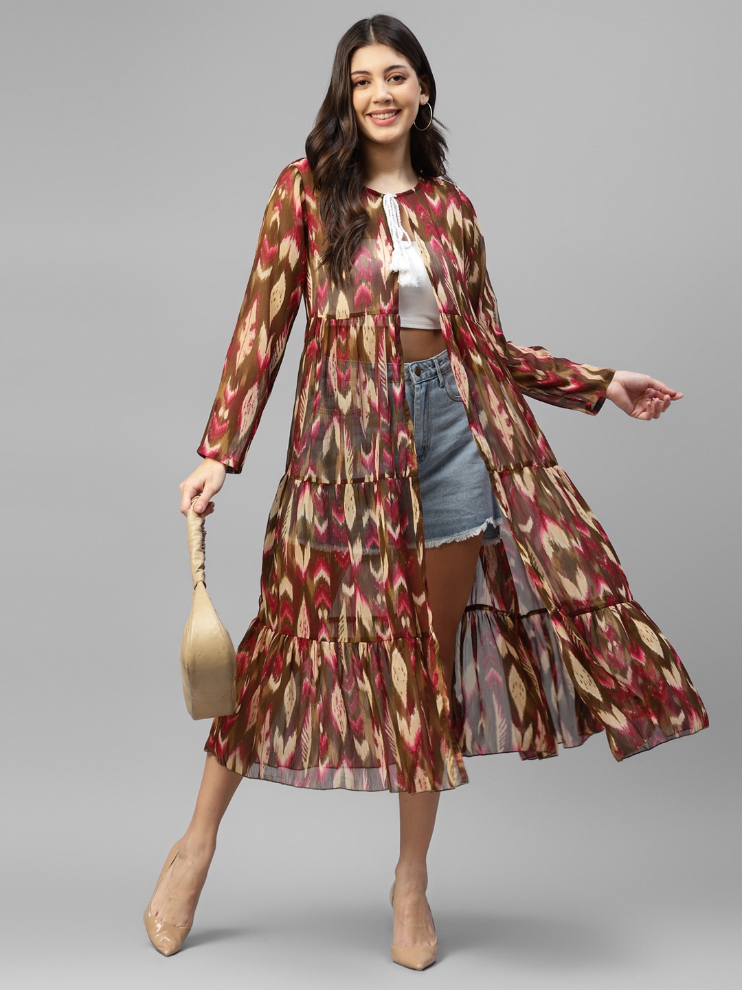 

DEEBACO Ethnic Printed Longline Ethnic Tie-Up Shrug, Brown