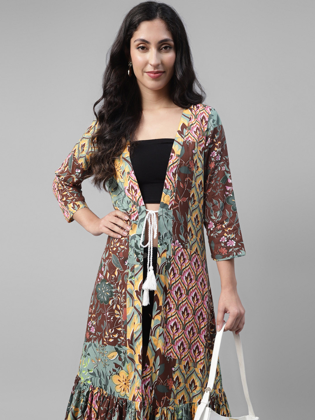 

DEEBACO Floral Printed Longline Ethnic Tie-Up Shrug, Brown