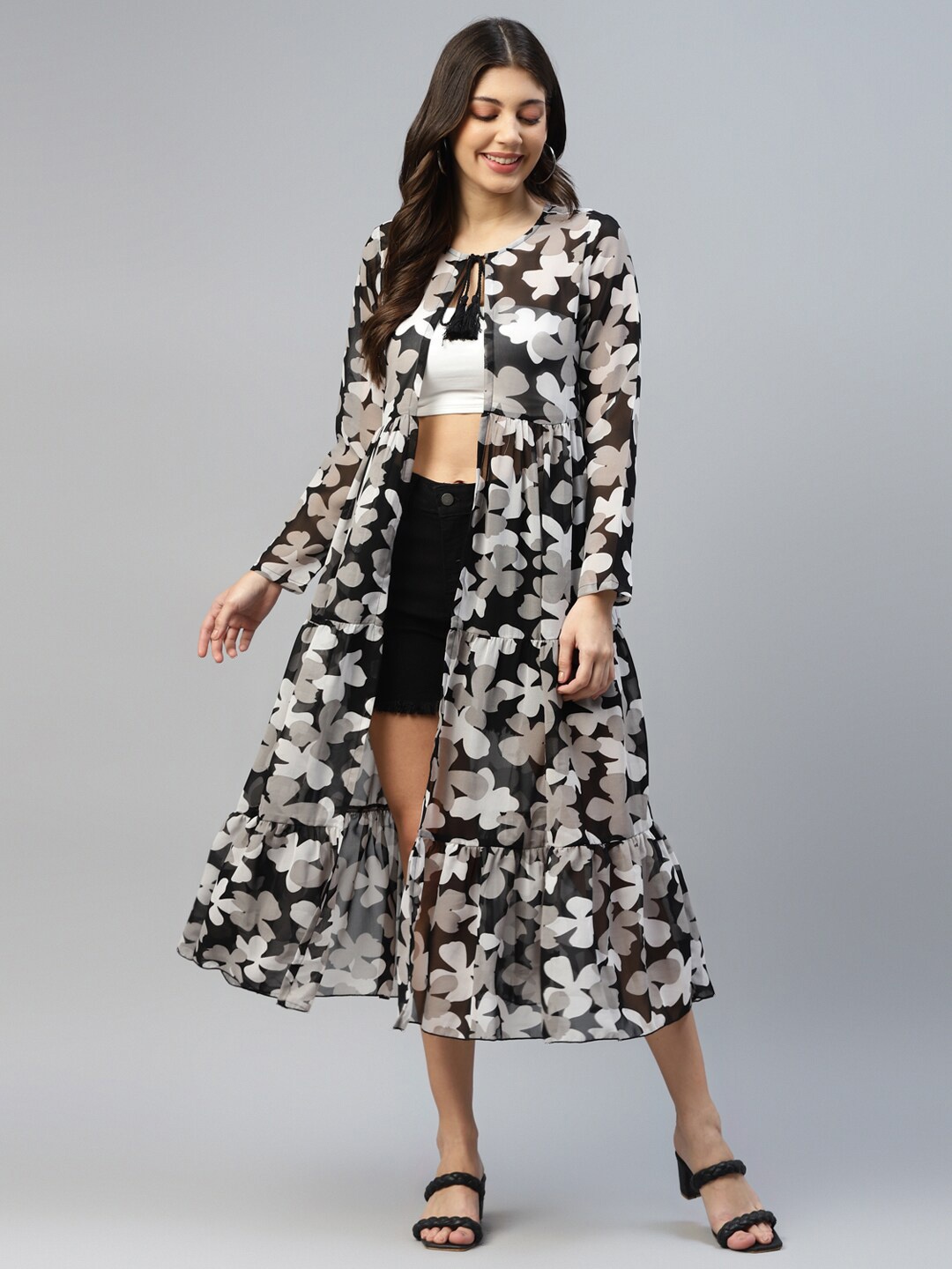 

DEEBACO Floral Printed Georgette Longline Tie-Up Shrug, Black