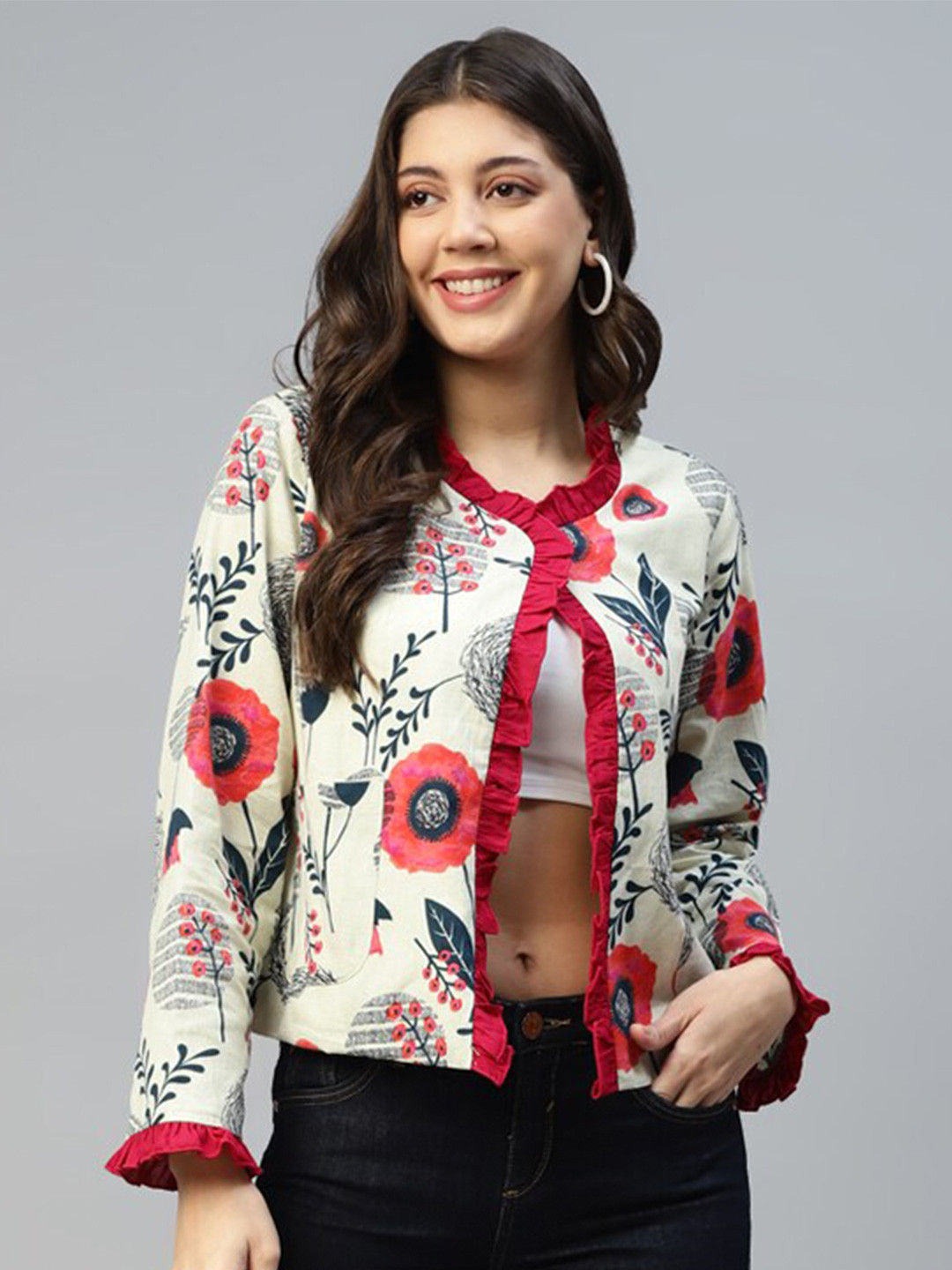 

DEEBACO Floral Printed Cotton Button Shrug, Off white