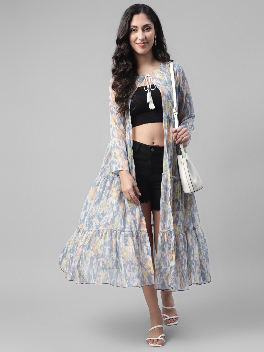 

DEEBACO Printed Longline Tie-Up Shrug, Blue
