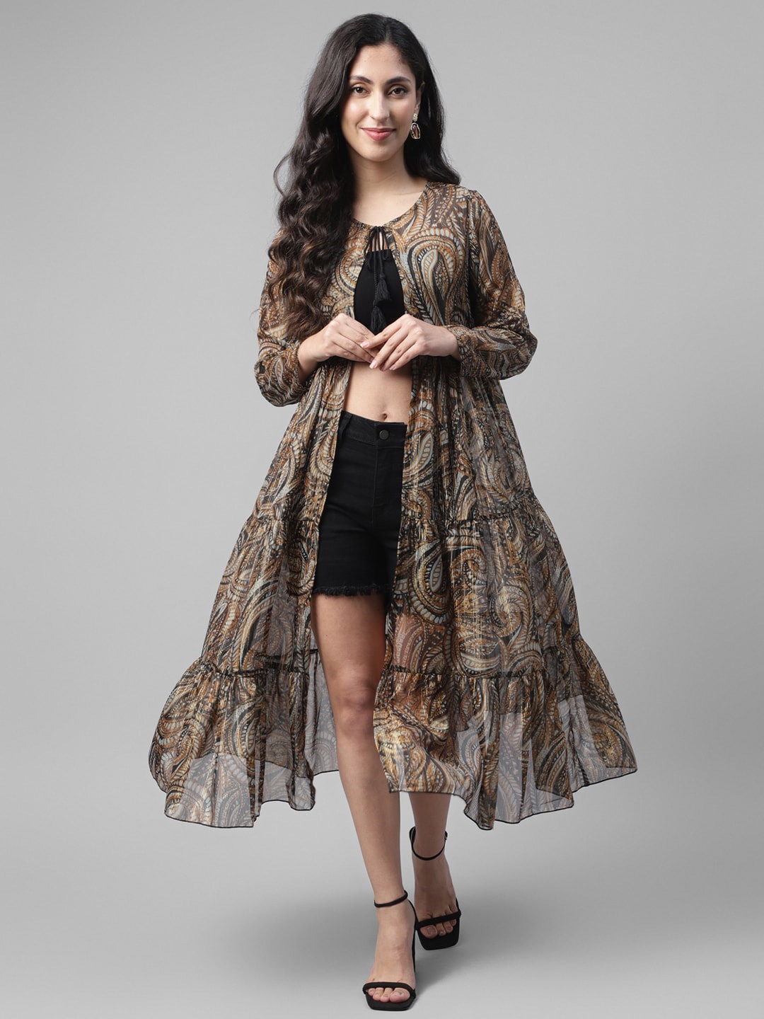 

DEEBACO Paisley Printed Chiffon Longline Ethnic Tie-Up Shrug, Black