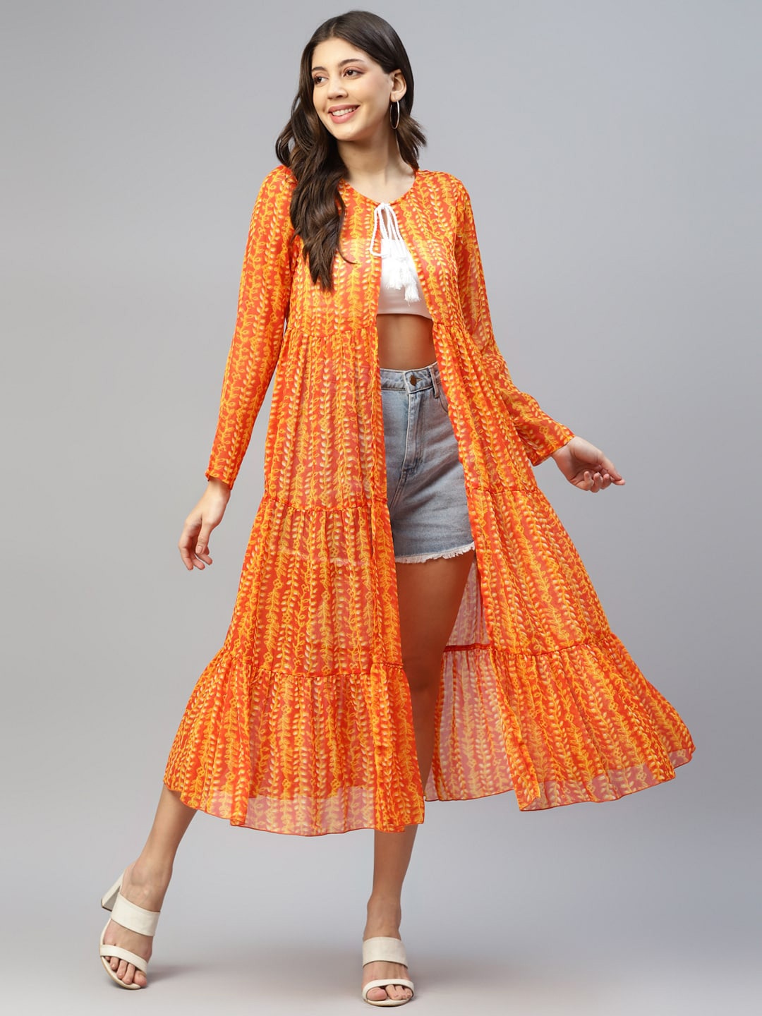 

DEEBACO Leaf Printed Chiffon Longline Tie-Up Shrug, Orange