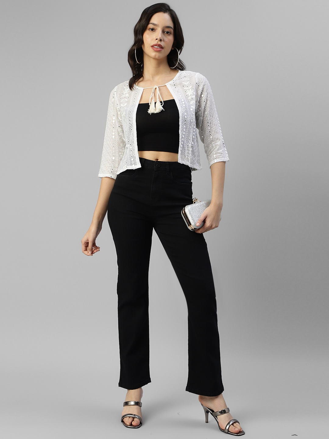 

DEEBACO Floral Embroidered Crop Tie-Up Shrug, White