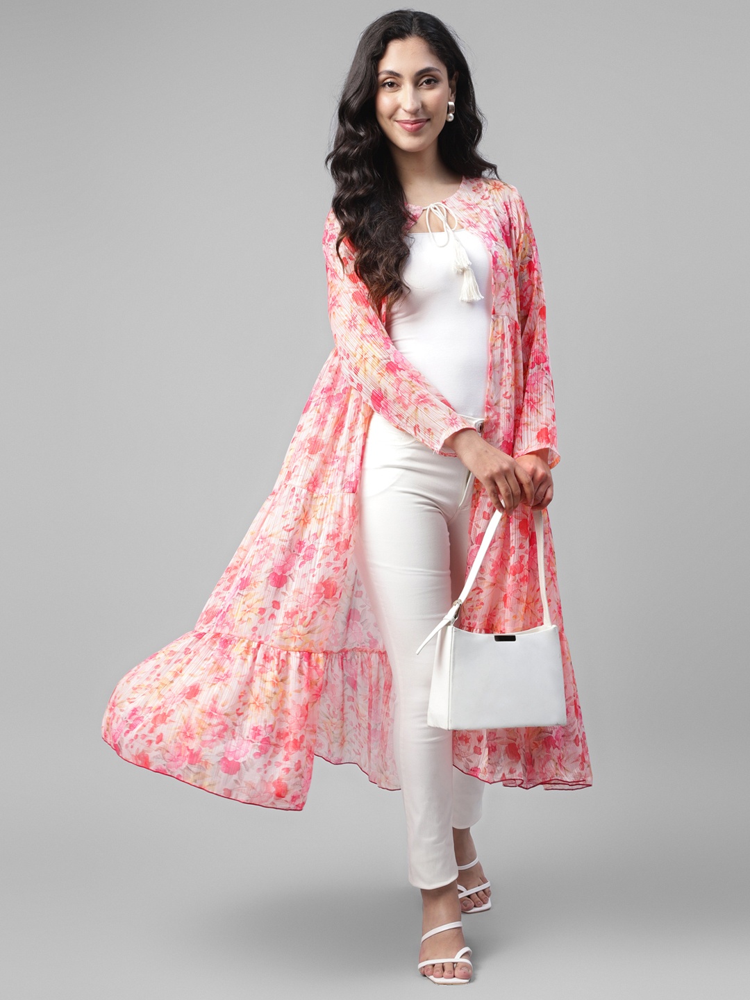 

DEEBACO Floral Printed Longline Tie-Up Shrug, Peach