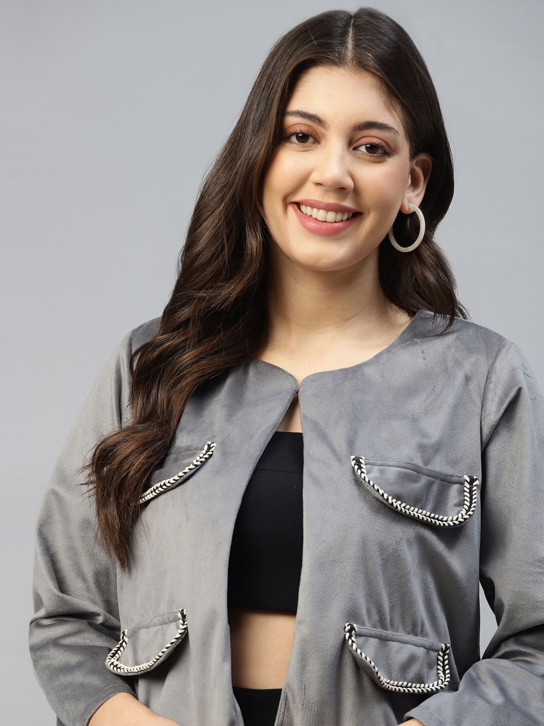 

DEEBACO Velvet Chest Pocket Shrug, Grey