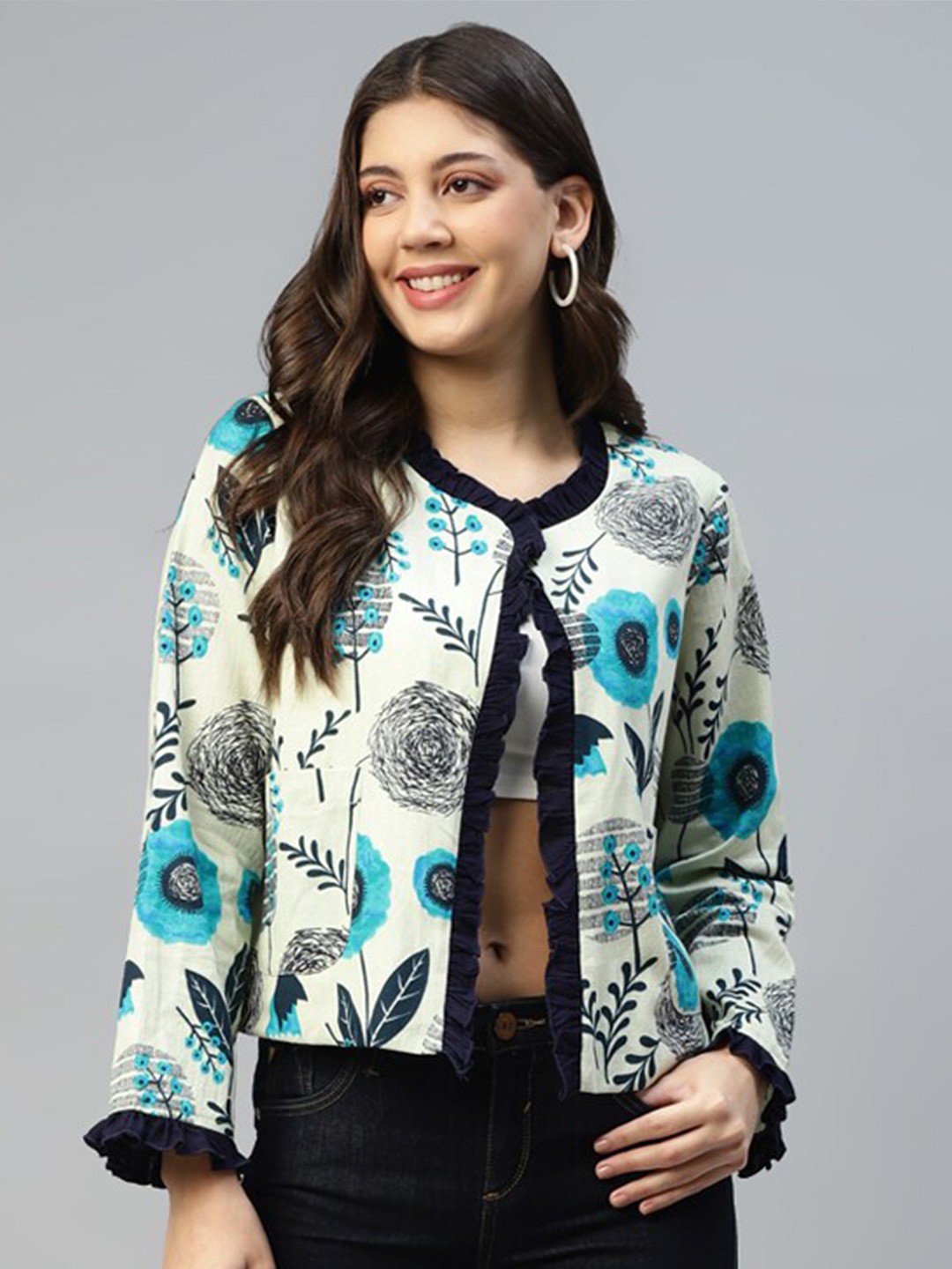 

DEEBACO Floral Printed Cotton Button Shrug, White