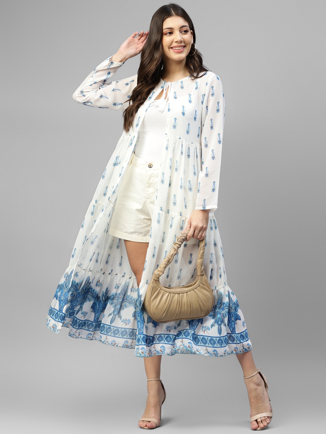 

DEEBACO Ethnic Printed Longline Tie-Up Shrug, White