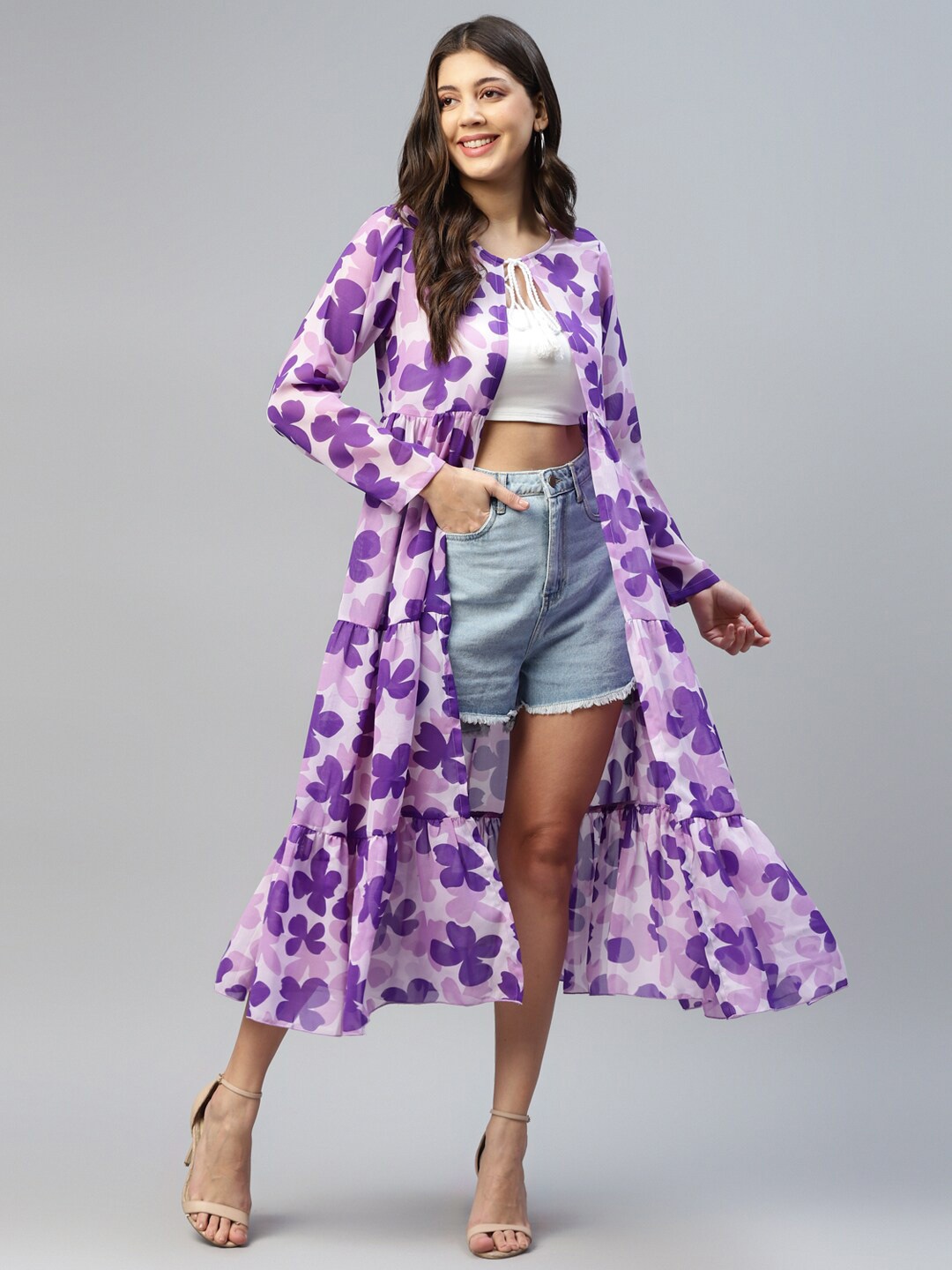 

DEEBACO Floral Printed Longline Tie-Up Shrug, Lavender