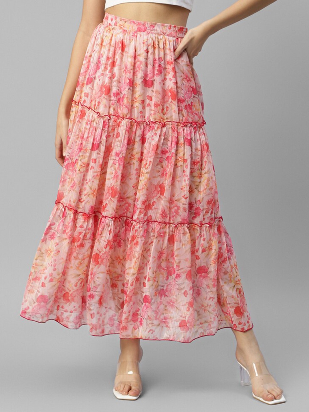 

DEEBACO Floral Printed Chiffon Tiered Maxi Skirt, Pink