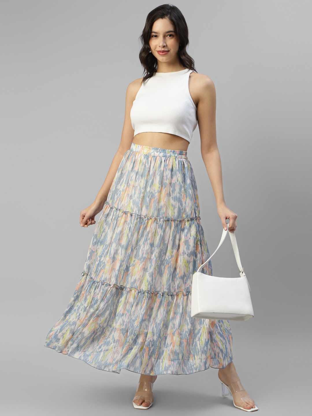 

DEEBACO Abstract Printed Chiffon Tiered Maxi Skirt, Grey