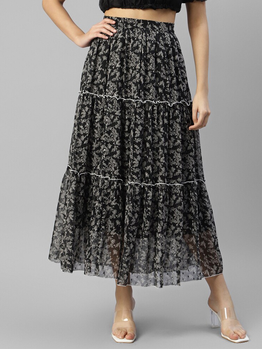 

DEEBACO Floral Printed Chiffon Midi Tiered Skirt, Black