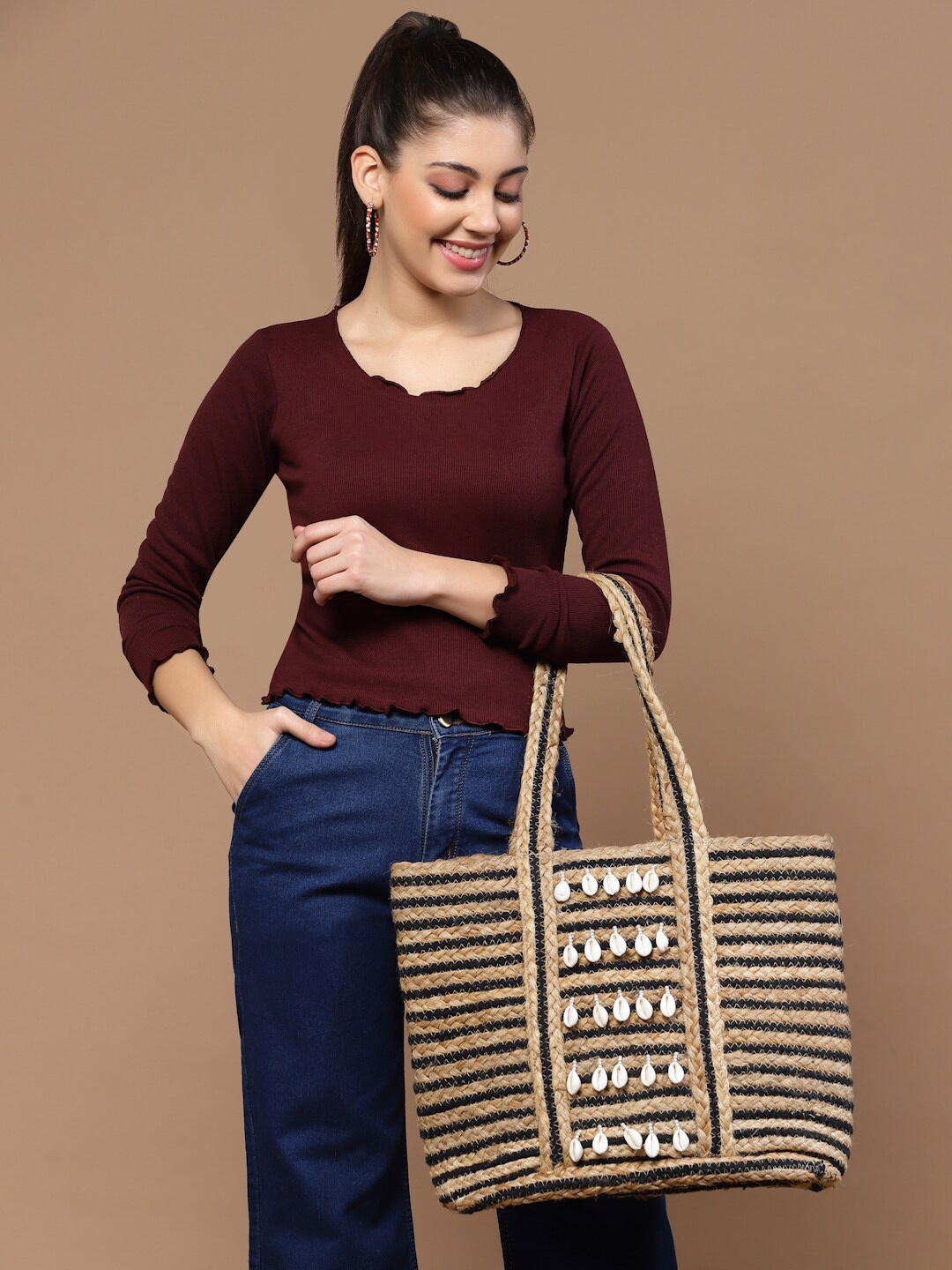 

Anekaant Jute Shopper Tote Bag With Tasseled, Beige
