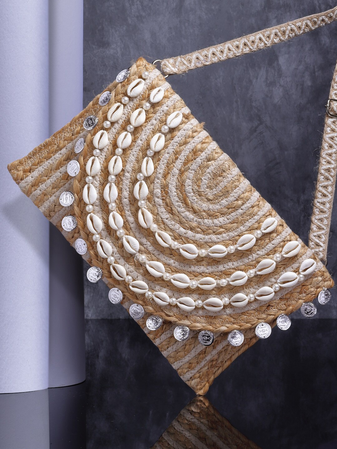 

Anekaant Embellished Structured Sling Bag with Tasselled, Beige