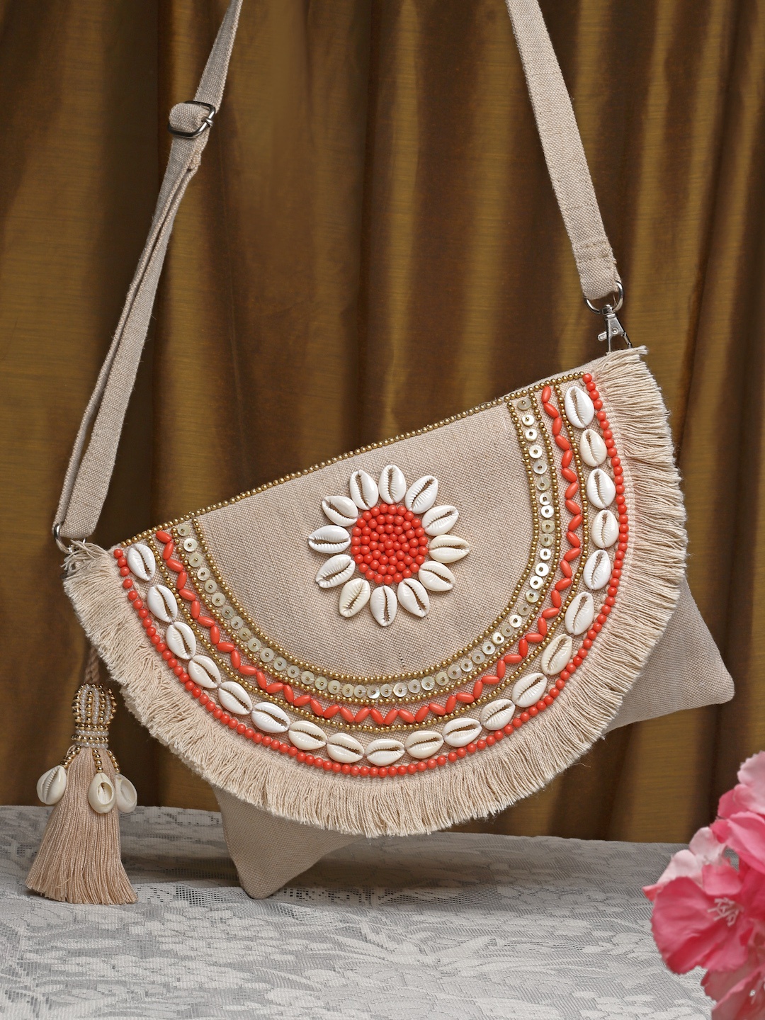 

Anekaant Embellished Tasselled Detailed Structured Jute Sling Bag, Cream