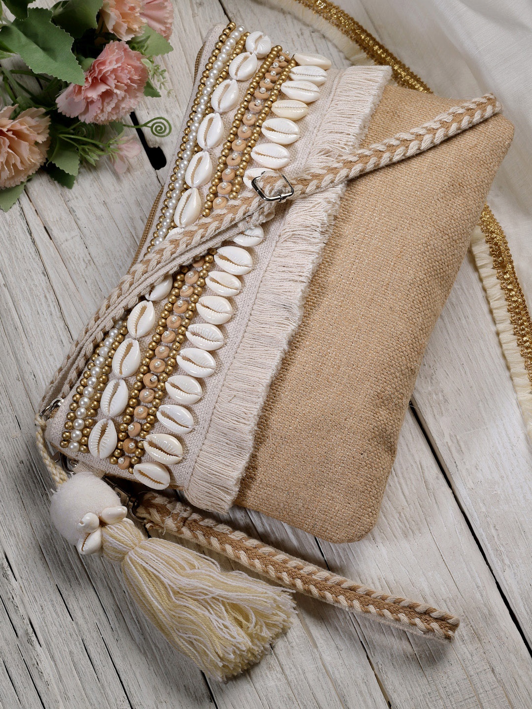 

Anekaant Embellished Jute Structured Sling Bag With Tasseled Detail, Beige