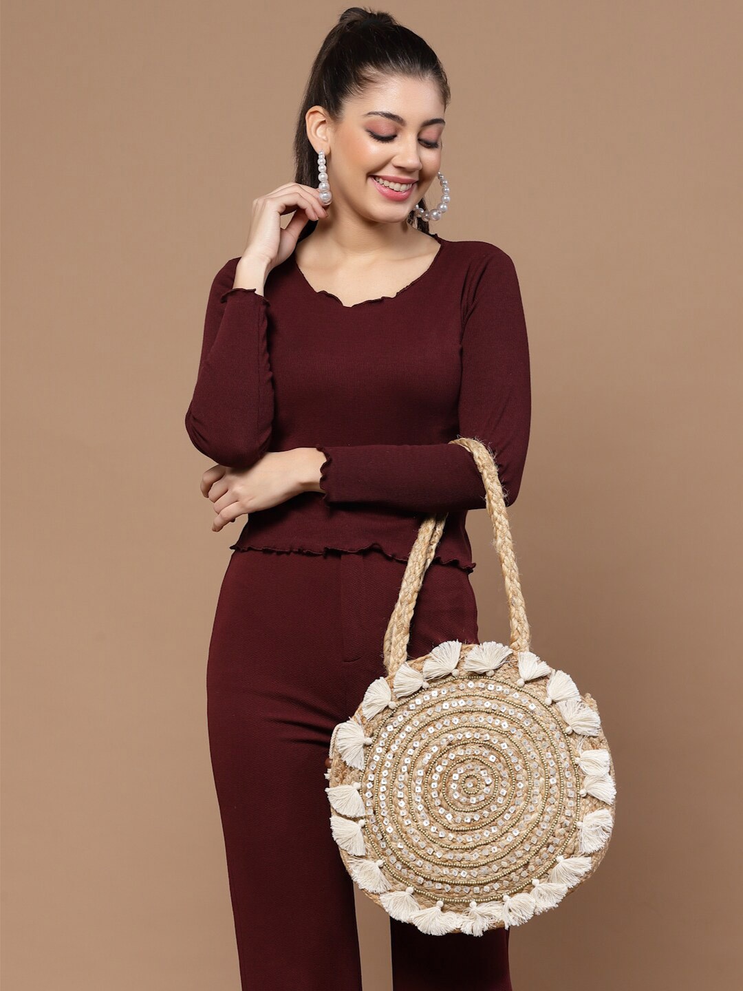 

Anekaant Ethnic Motifs Regular Structured Tote Bag with Tasselled, Beige
