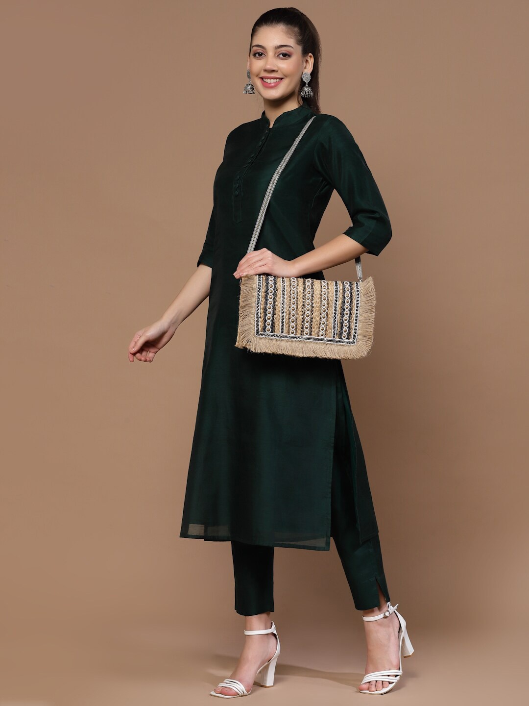 

Anekaant Striped Fringed Detailed Structured Jute Sling Bag, Beige