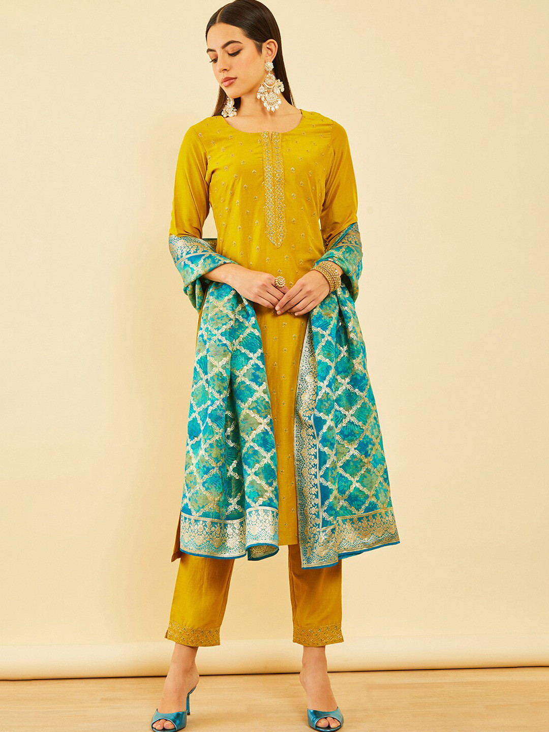 

Soch Floral Embroidered Straight Kurta With Trouser & Dupatta, Mustard