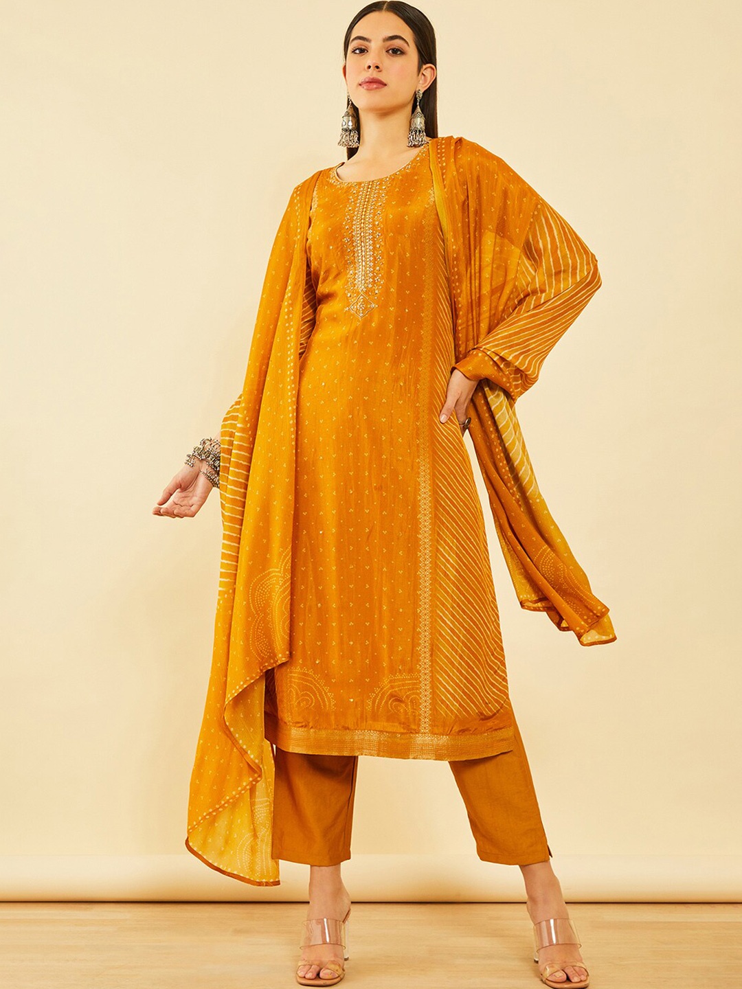 

Soch Mustard Yellow Bandhani Printed Straight Kurta With Trousers & Dupatta