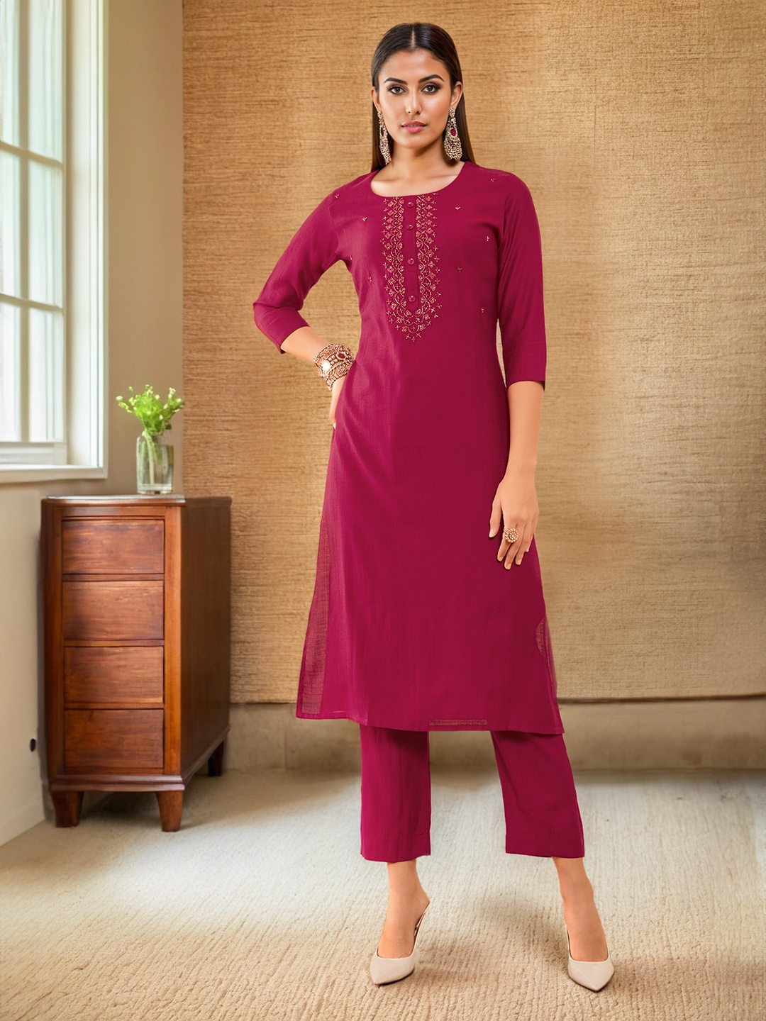 

Soch Ethnic Motifs Yoke Design Regular Kurta with Trousers, Magenta